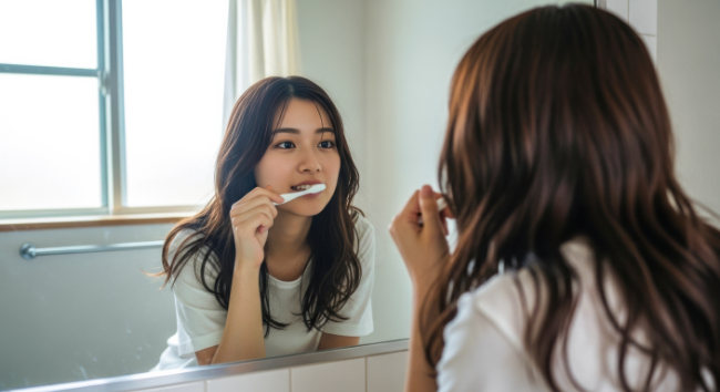 鏡を見ながら歯磨きをする女性