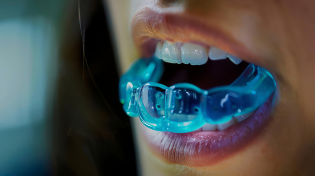 スポーツ用のマウスピースを装着する女性