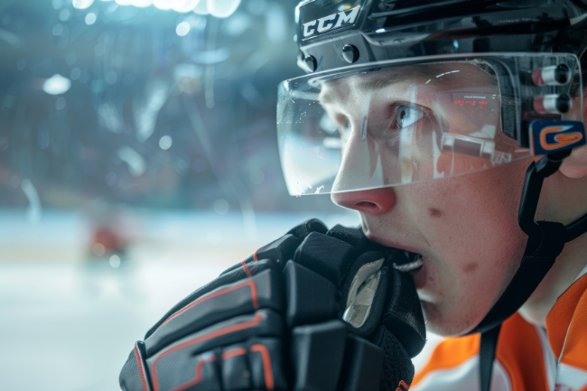 歯や顎へのダメージを軽減させるためにスポーツ用のマウスピースを装着する選手