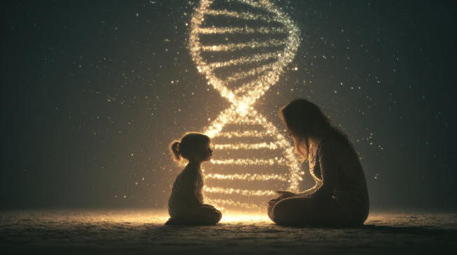 すきっ歯が遺伝的な要因であることを示す親子とゲノムのイメージ