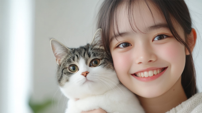 すきっ歯を矯正した笑顔の女の子が猫を抱いているイメージ
