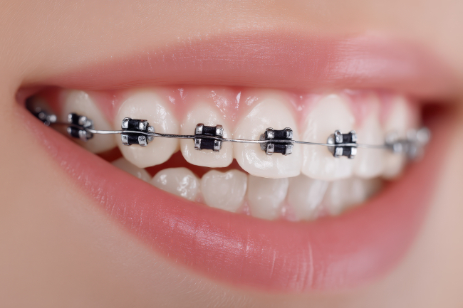 ワイヤー矯正をしている女性の口元