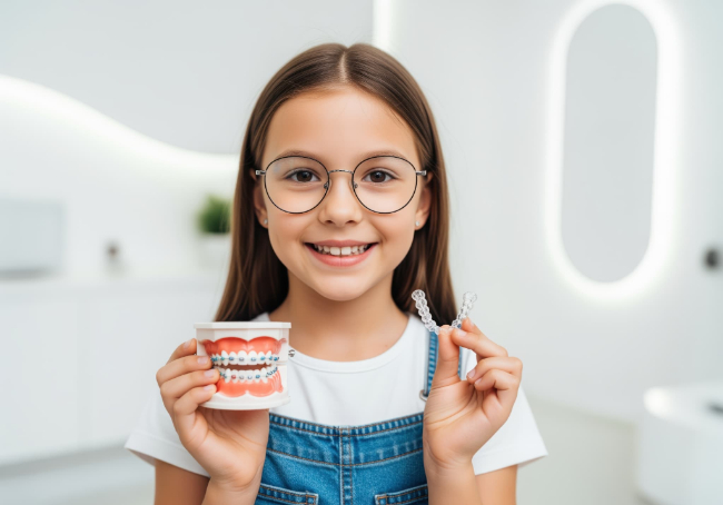 ワイヤー矯正とマウスピースを手に持った子ども